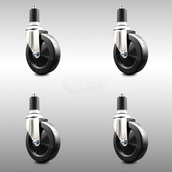 5 Inch 316SS Soft Rubber Wheel Swivel 1-1/2 Inch Expanding Stem Caster Set SCC